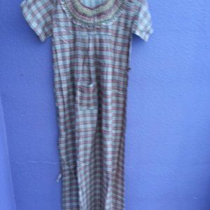 Full length cotton check night wear lingerie new embroidered neck line